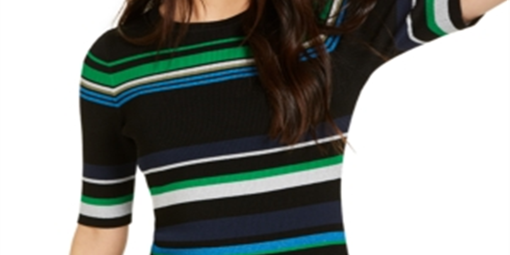 INC International Concepts Women's Metallic Striped Ribbed Sweater Black Size XS