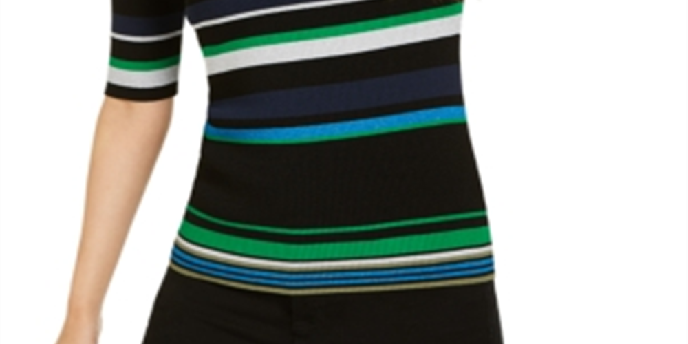 INC International Concepts Women's Metallic Striped Ribbed Sweater Black Size XS