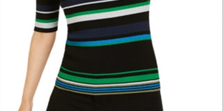 INC International Concepts Women's Metallic Striped Ribbed Sweater Black Size XS