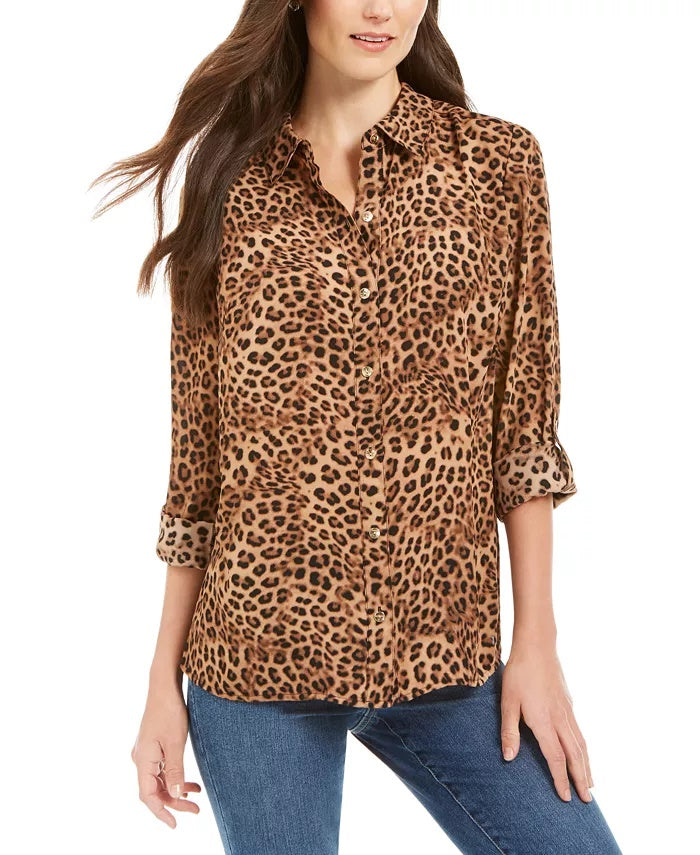Charter Club Women's Petite Printed Roll-Tab-Sleeve Top Beige Size Medium