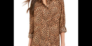 Charter Club Women's Petite Printed Roll-Tab-Sleeve Top Beige Size Medium