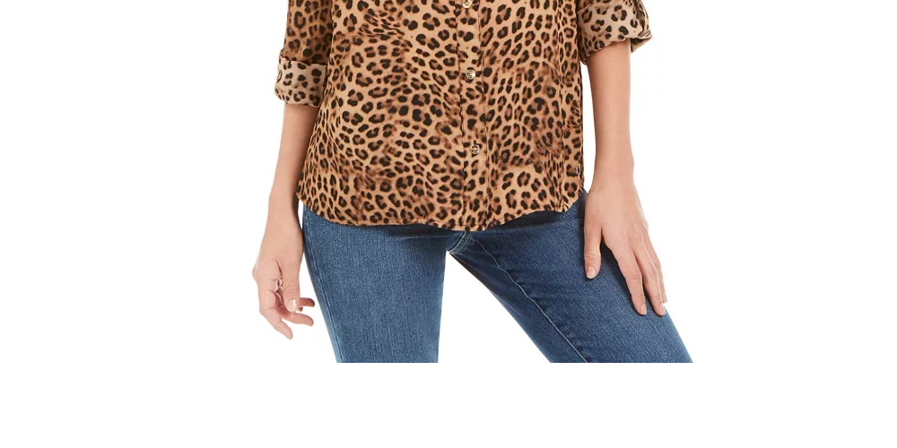 Charter Club Women's Petite Printed Roll-Tab-Sleeve Top Beige Size Medium