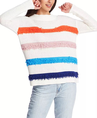 1.STATE Women's Multicolor Stripe Loop Stitch Sweater Ivory White