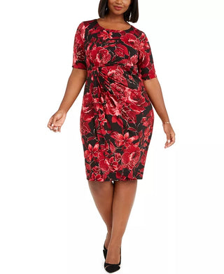Connected Women's Metallic Floral-Print Sarong Dress Red /Black  Size Petite Small