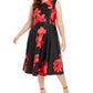Calvin Klein Women's Zippered Floral Sleeveless Jewel Neck Midi Fit + Flare Party Dress Red Size 14W