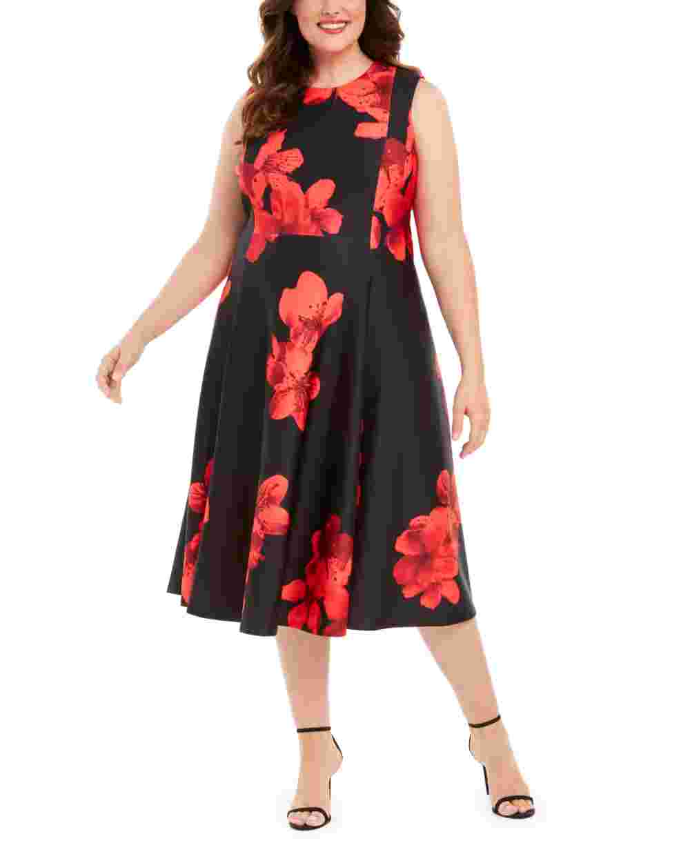 Calvin Klein Women's Zippered Floral Sleeveless Jewel Neck Midi Fit + Flare Party Dress Red Size 14W