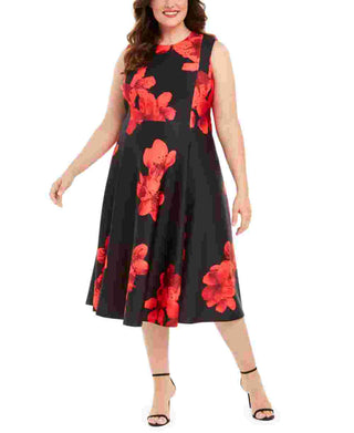 Calvin Klein Women's Zippered Floral Sleeveless Jewel Neck Midi Fit + Flare Party Dress Red Size 14W