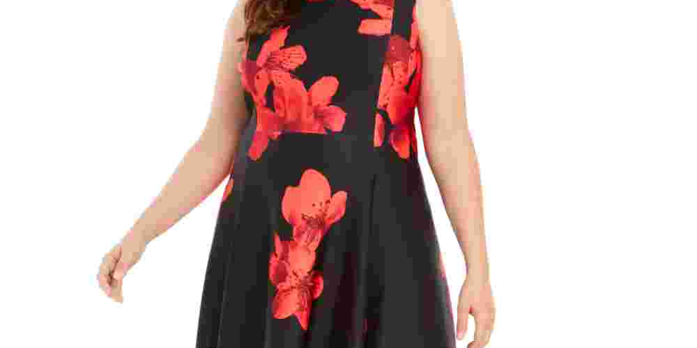 Calvin Klein Women's Zippered Floral Sleeveless Jewel Neck Midi Fit + Flare Party Dress Red Size 14W