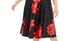 Calvin Klein Women's Zippered Floral Sleeveless Jewel Neck Midi Fit + Flare Party Dress Red Size 14W