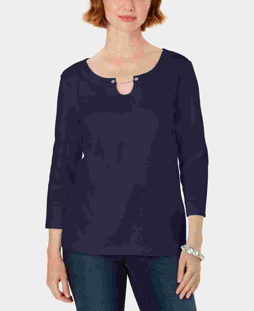 Karen Scott Women's Three-Quarter-Sleeve Top Blue Small Blue Size Small