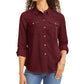 Charter Club Women's Petite Solid Button-Up Shirt Wine Size L