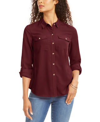 Charter Club Women's Petite Solid Button-Up Shirt Wine Size L