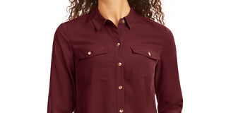 Charter Club Women's Petite Solid Button-Up Shirt Wine Size L