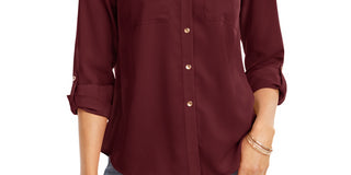 Charter Club Women's Petite Solid Button-Up Shirt Wine Size L