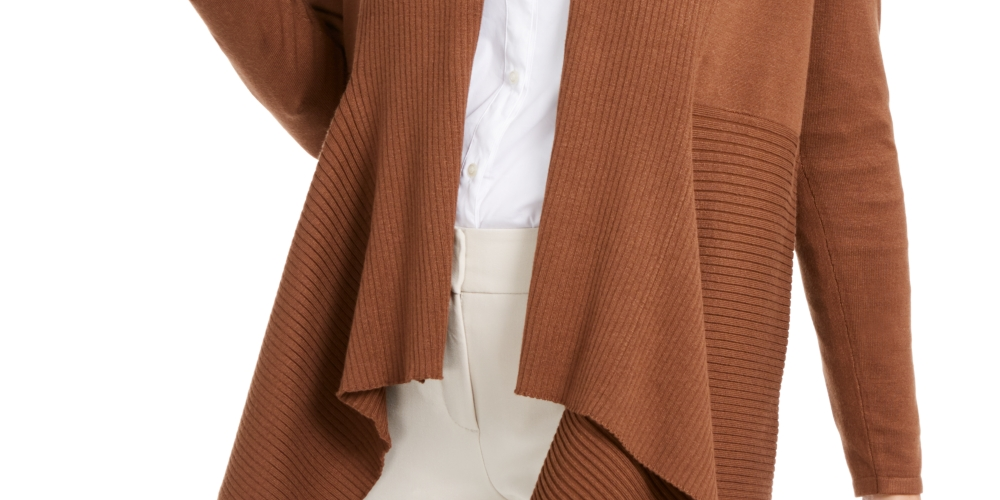 JM Collection Women's Ribbed Handkerchief-Hem Cardigan Brown Size XX-Large
