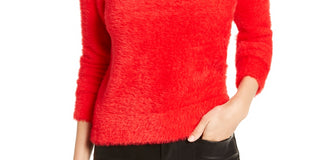 Bar III Women's Eyelash Finish Long Sleeve Jewel Neck Sweater Red Size X-Small