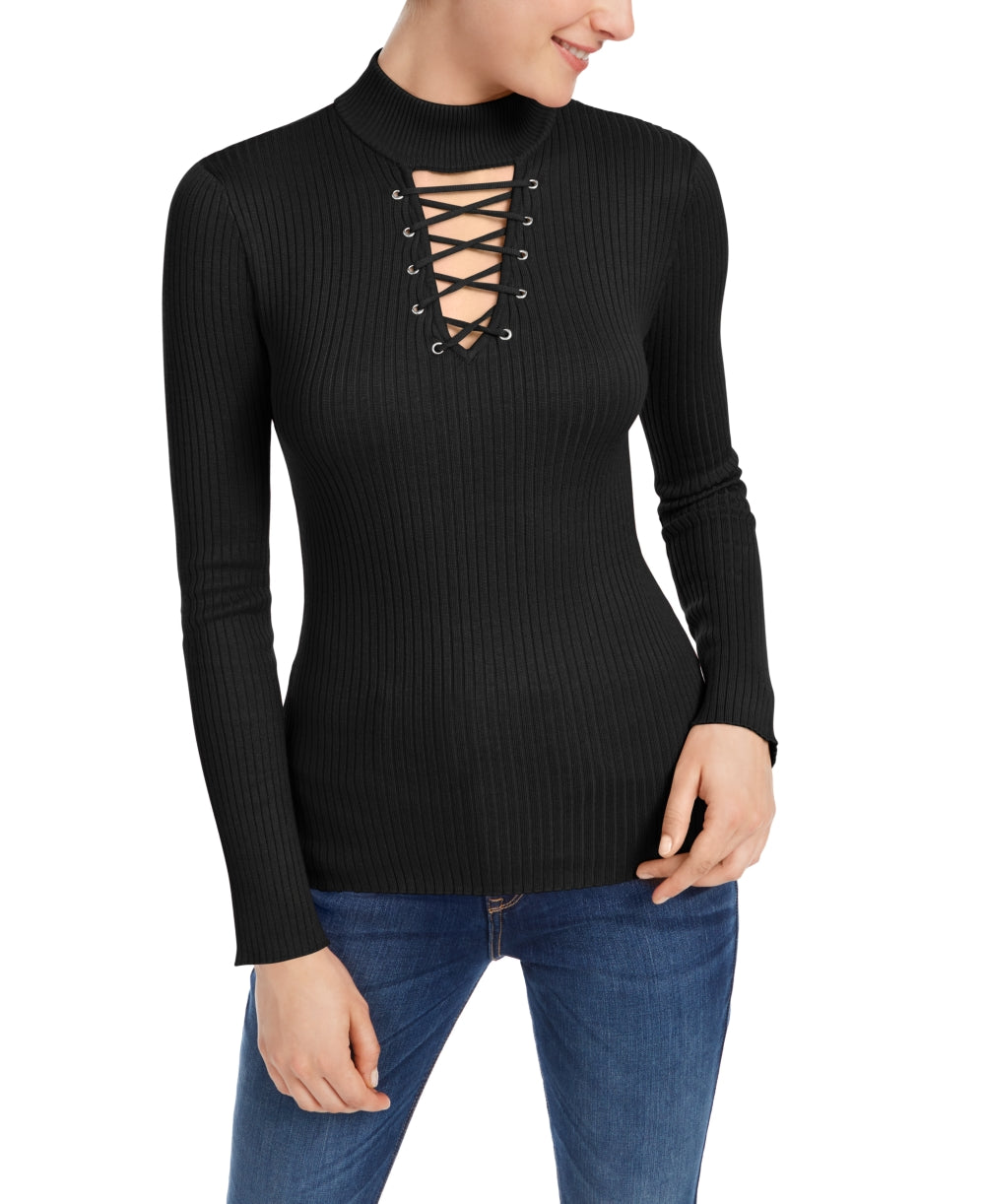 Derek Heart Juniors' Lace-Up Mock-Neck Top Black Size Medium