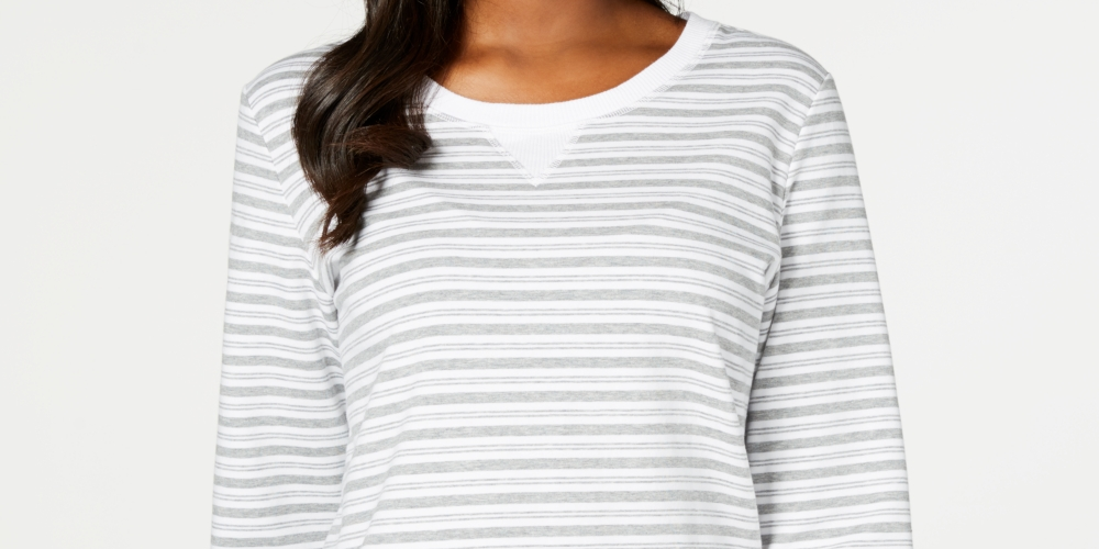 Karen Scott Women's Petite Striped 3/4-Sleeve Sweatshirt Grey Size P/XL