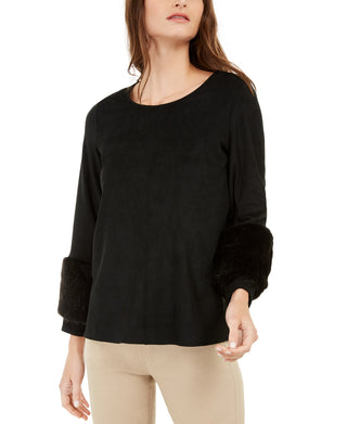 Alfani Women's Faux-Suede & Faux-Fur Top Black Size Small