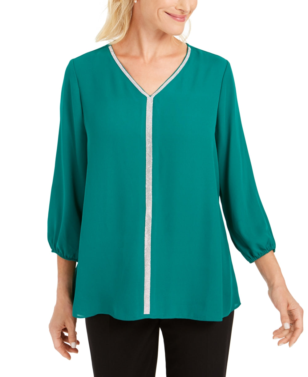 JM Collection Women's Jeweled Tiered-Hem Blouse Green Size X-Large