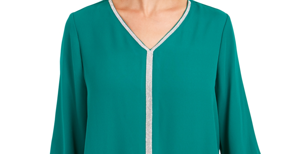 JM Collection Women's Jeweled Tiered-Hem Blouse Green Size X-Large