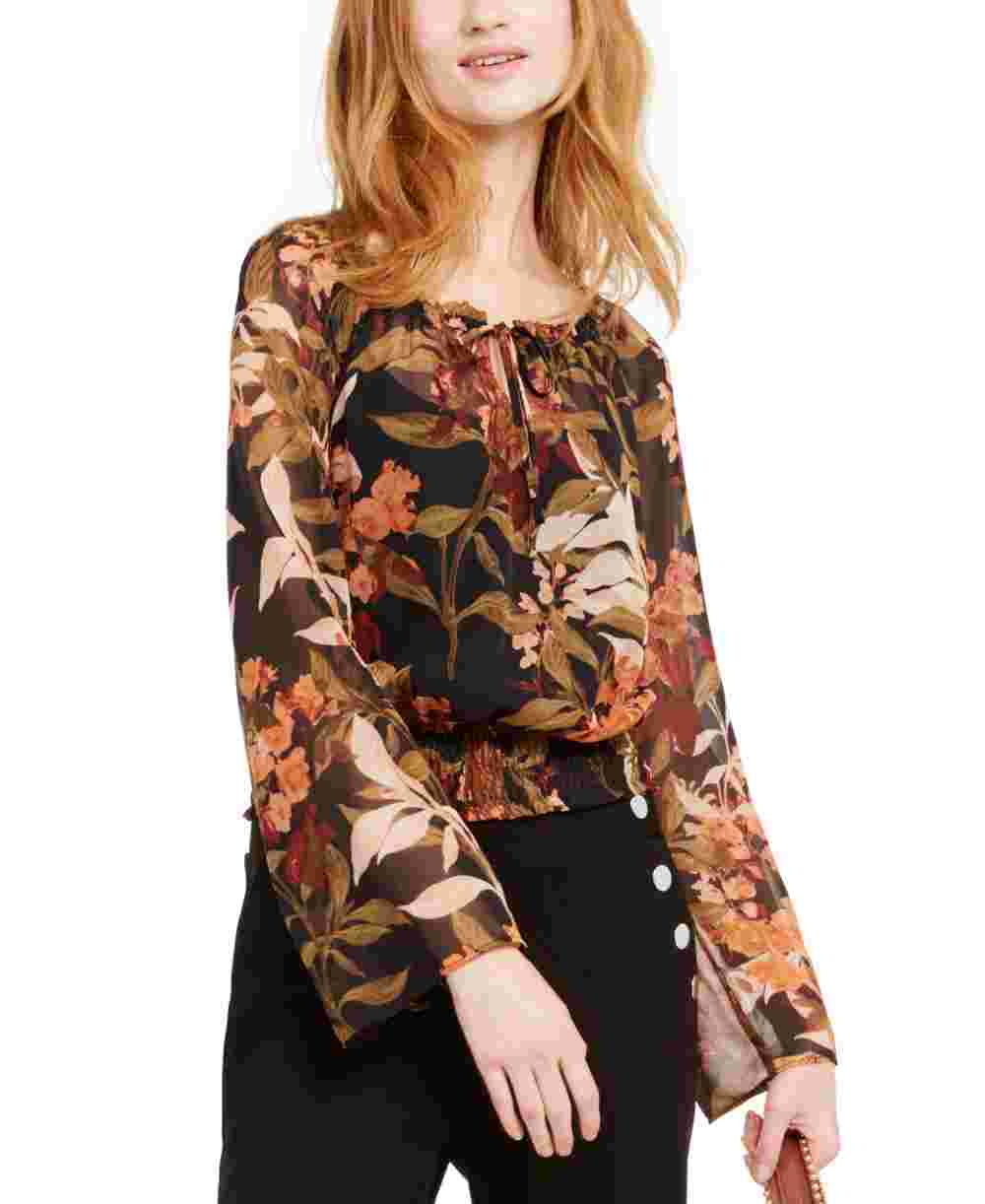 INC International Concepts Women's Smocked Peasant Top Black Size Small