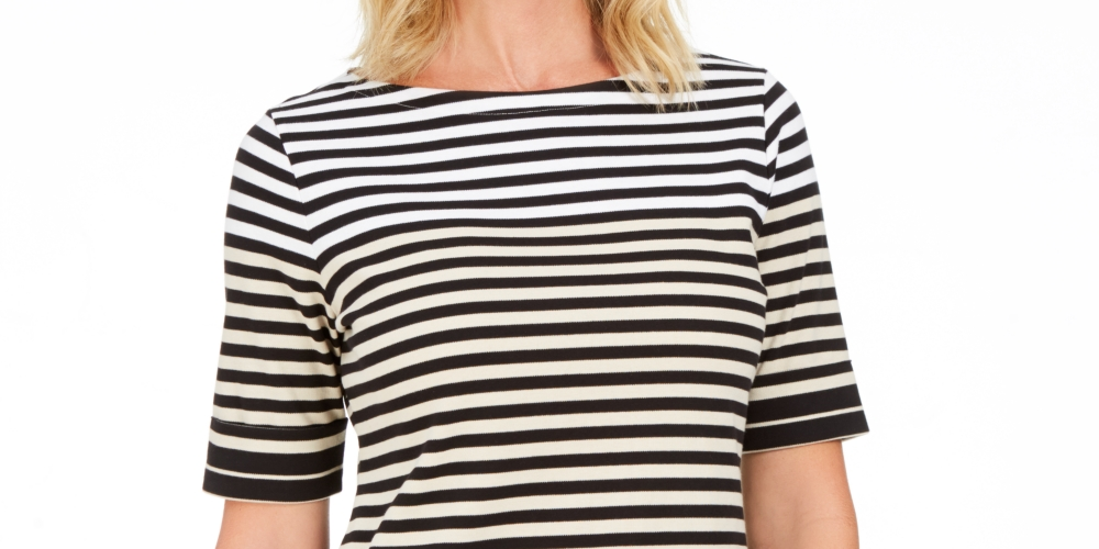Karen Scott Women's Striped Elbow-Sleeve Top Beige Size Small