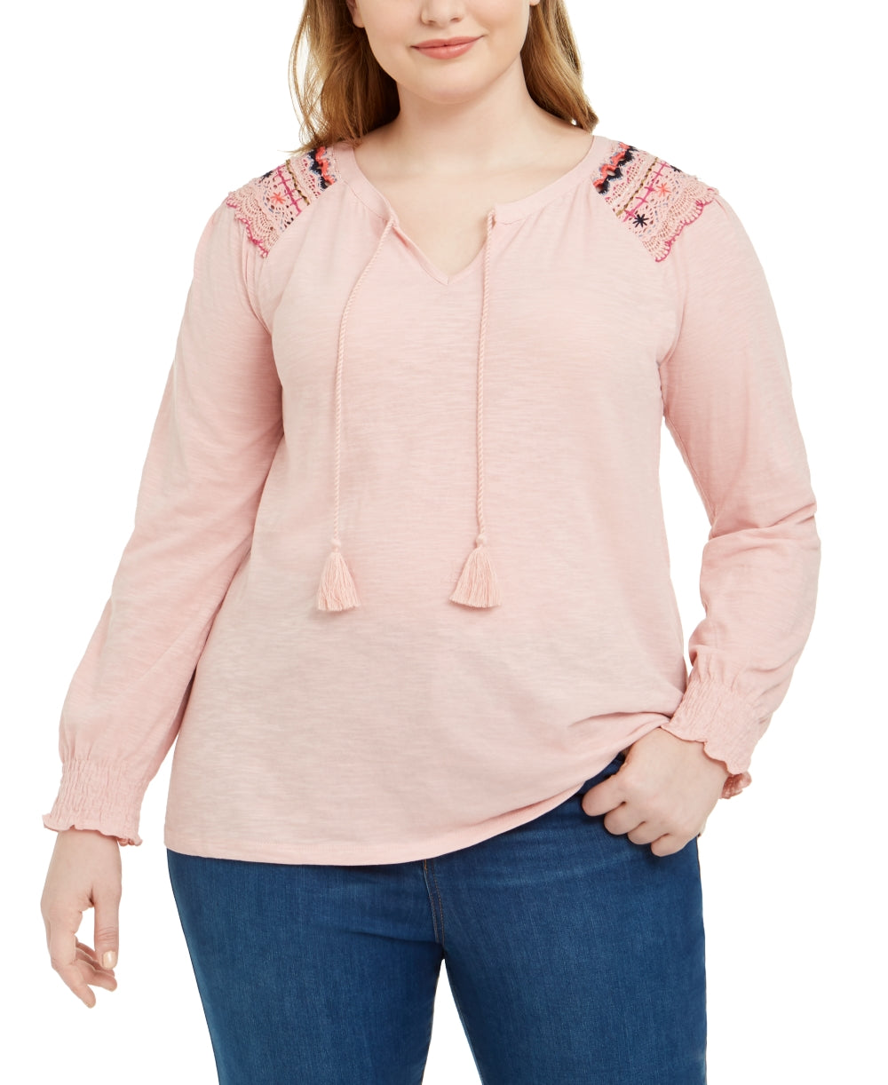 Style & Co Women's Plus Embroidered Keyhole Top Red Size 3X