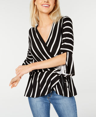 BCX Juniors' Stretch Tie Split Cuff Striped Bell Sleeve Surplice Neckline Evening Wrap Top Black/White Size X-Small
