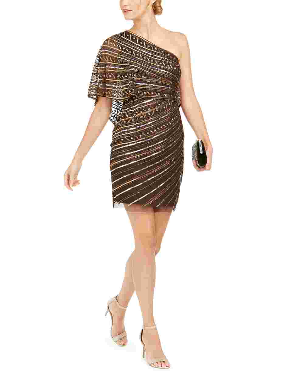 Adrianna Papell Women's Sequined One-Shoulder Sheath Dress Buck Size 6