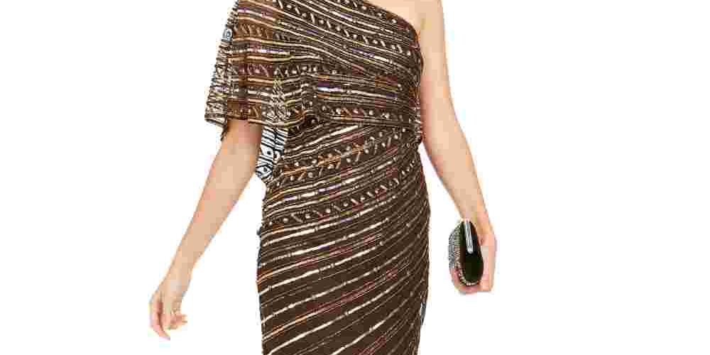 Adrianna Papell Women's Sequined One-Shoulder Sheath Dress Buck Size 6