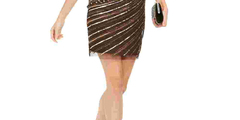 Adrianna Papell Women's Sequined One-Shoulder Sheath Dress Buck Size 6