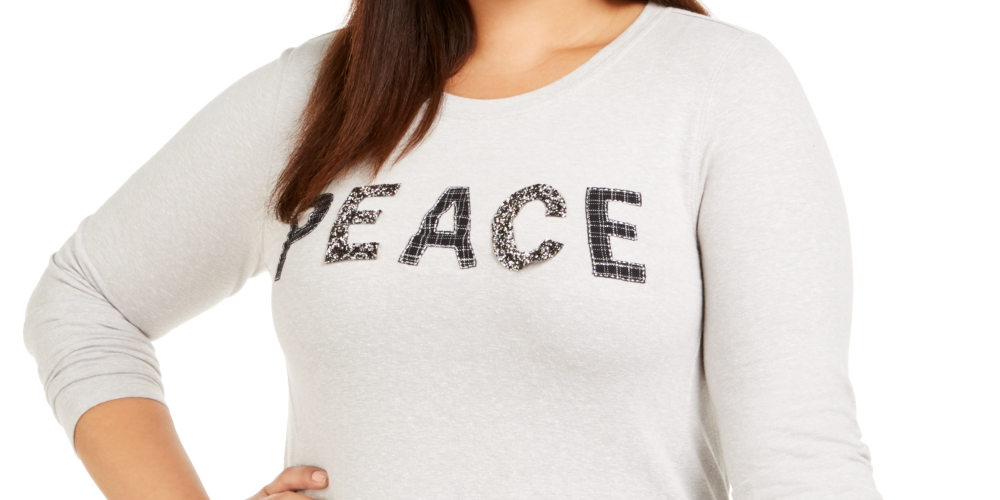 Style & Co Women's Plus Size Embellished Long-Sleeve Top Gray Size 1X