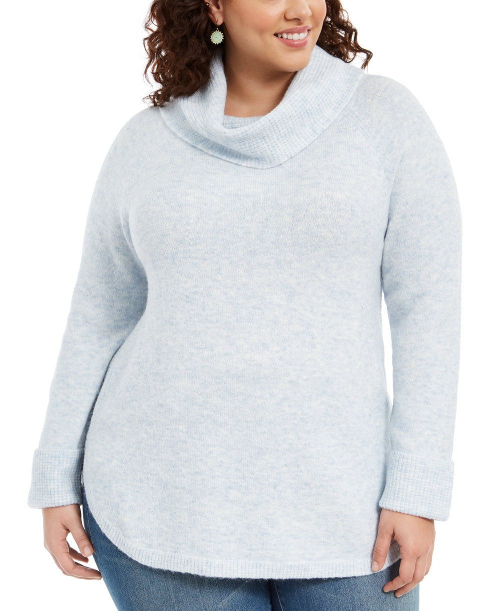 Style & Co Women's Plus Size Waffle-Knit-Trim Cowlneck Sweater Blue Size 3X