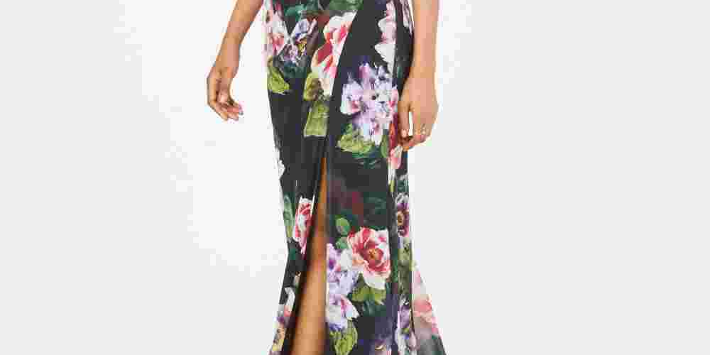 Adrianna Papell Women's Floral-Print One-Shoulder Gown Black /Rose  Size 2