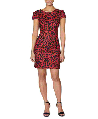 Betsey Johnson Women's Zippered Printed Short Sleeve Jewel Neck Short Sheath Party Dress Red /Black  Size 8