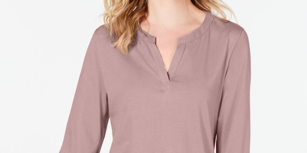 Charter Club Women's Petite Supima Cotton Split-Neck Top Pink Size PS/M