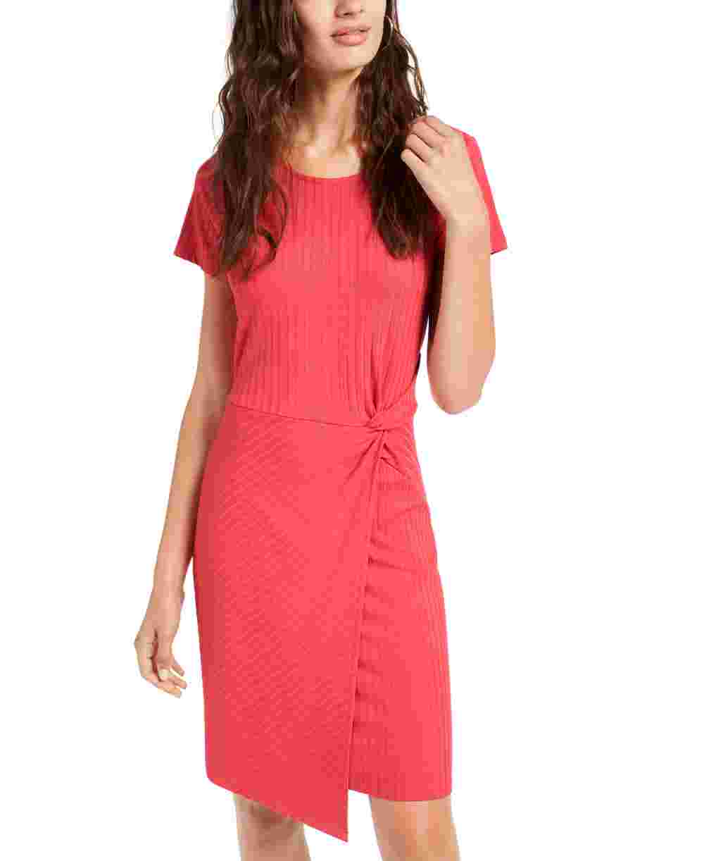 Ultra Flirt Women's Coral Ribbed Patterned Short Sleeve Jewel Neck Above The Knee Sheath Dress Red Size X-Small