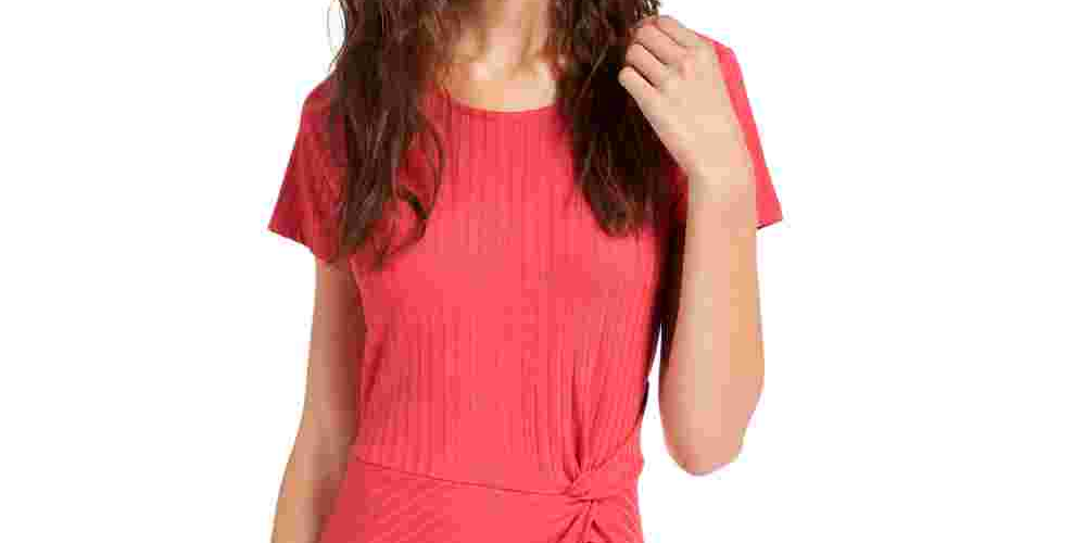 Ultra Flirt Women's Coral Ribbed Patterned Short Sleeve Jewel Neck Above The Knee Sheath Dress Red Size X-Small