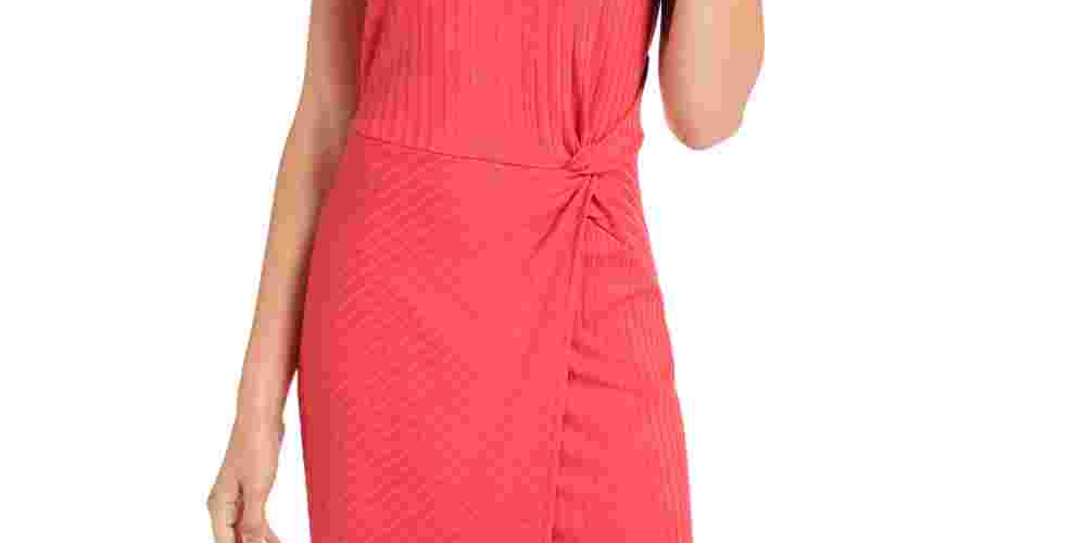 Ultra Flirt Women's Coral Ribbed Patterned Short Sleeve Jewel Neck Above The Knee Sheath Dress Red Size X-Small