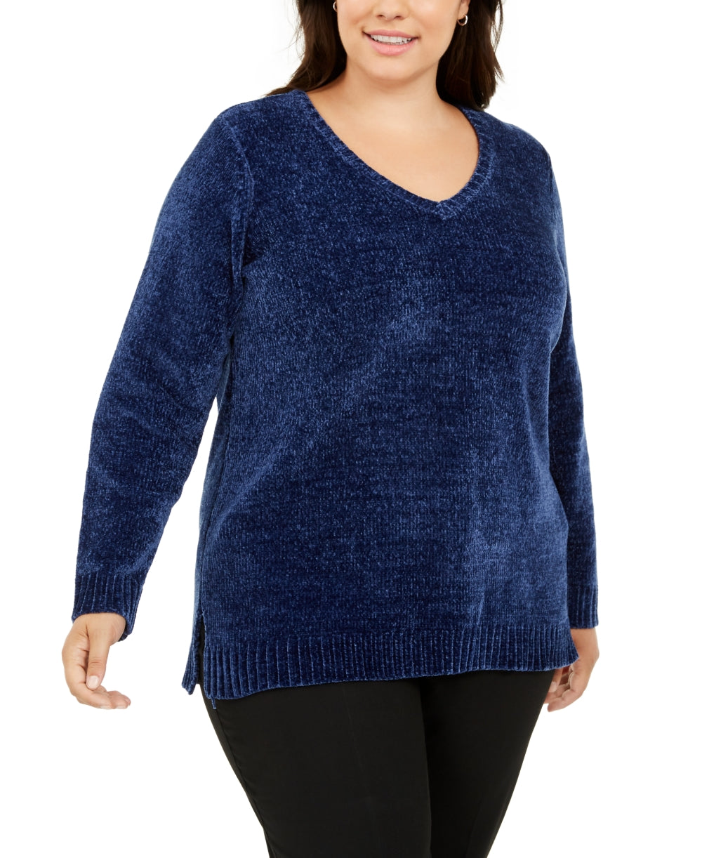 Karen Scott Women's Plus Chenille Pullover V Neck Sweater Blue Size 0X