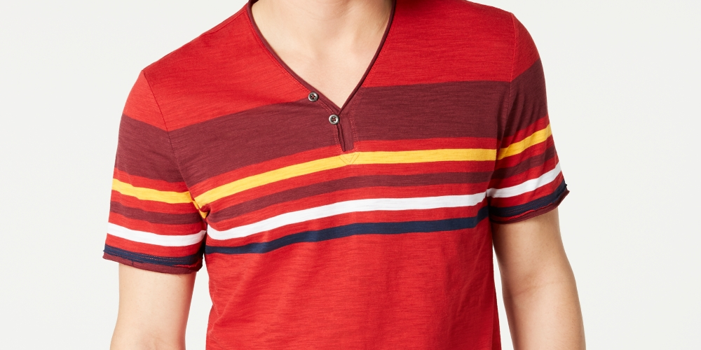 INC  International Concepts  Men's Stripe Split Neck T-Shirt Red Size Small