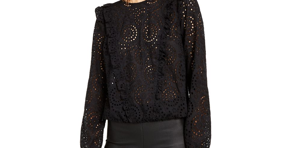 INC International Concepts Women's Ruffled Eyelet Top BlackSize XS