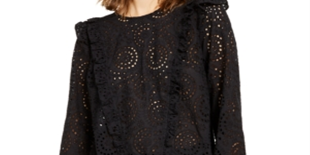 INC International Concepts Women's Ruffled Eyelet Top BlackSize XS