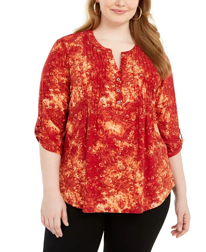 NY Collection Women's Plue Printed Pleated Top Red Size 1X