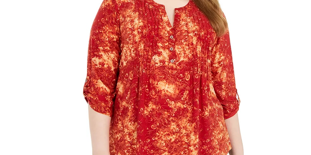 NY Collection Women's Plue Printed Pleated Top Red Size 1X