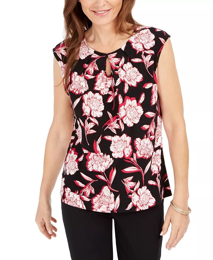 Kasper Womens Floral Print Keyhole Neck Tank Top Pink Size PS