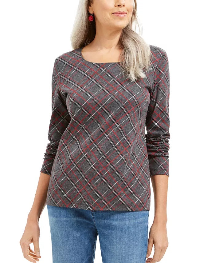 Karen Scott Women's Holly Plaid Embellished Top Red Size XX-Large