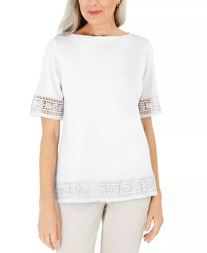 Karen Scott Women's Cotton Crochet Fringed Top  White Size X-Small