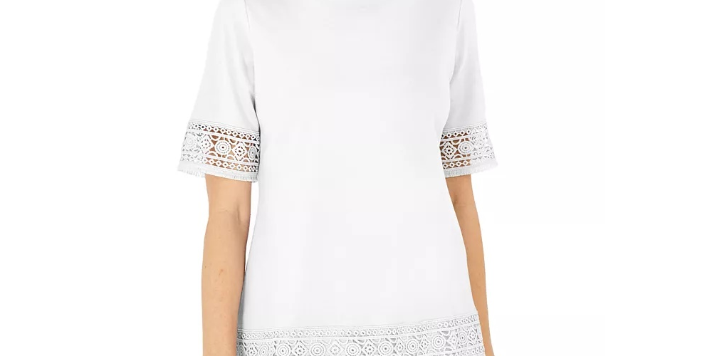 Karen Scott Women's Cotton Crochet Fringed Top  White Size X-Small